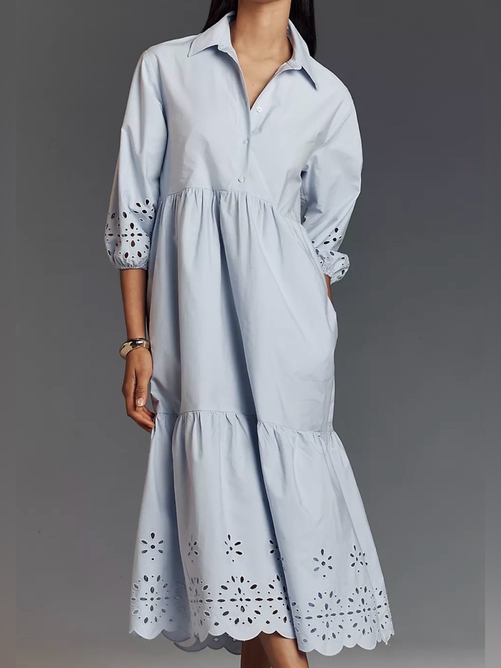 Anthropologie MAEVE Light Blue Button-Front Tiered Midi Dress with Eyelet Detail - Picture 10 of 10